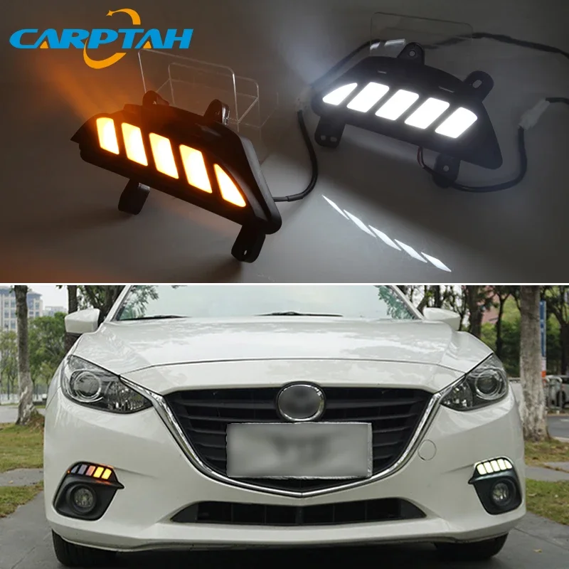 Car LED DRL 12V Daylights For Mazda 3 2014 2015 2016 Yellow Turn Signal Daytime Running Headlamps Auto Driving Lamp Foglamps