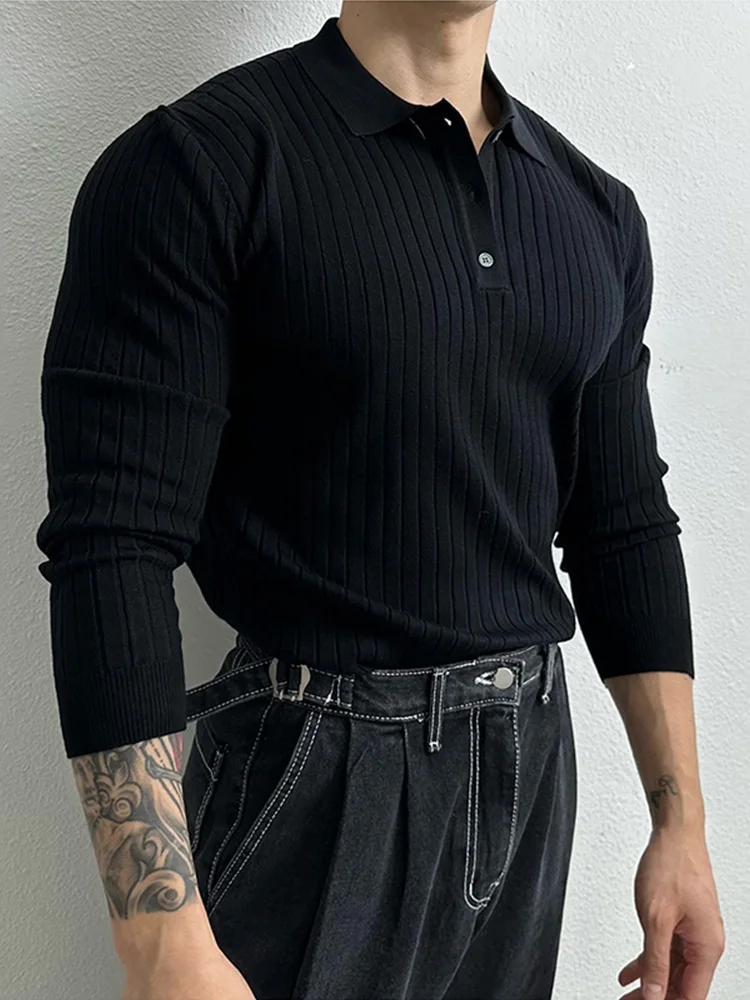 

Busin Casual Knitted Long Sve irt Men's Faion Ci Sle Light Maturi Sle Turn-down Collar T-irt