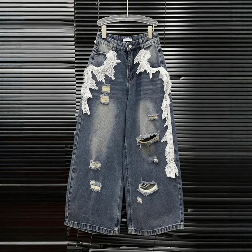 

Lace-stitched holey denim women's retro distressed loose fashionable versatile long pants y2k pants