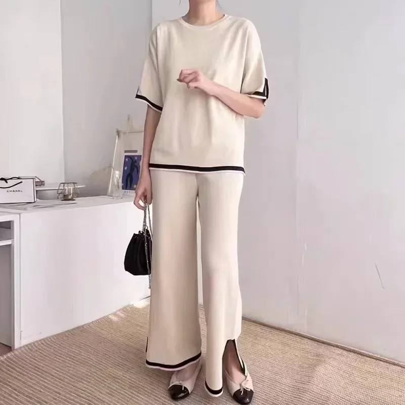 2024 Knitted Two Piece Sets Women Round Neck Full Sleeve Tops High Waist Loose Long Pants Set Autumn Splice Casual Outfit Suits