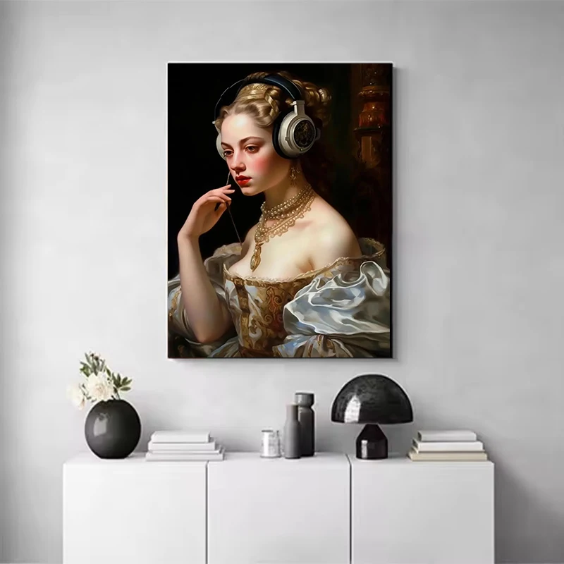 امرأة عصر النهضة ترتدي سماعات الشكل المشارك طباعة خمر تغيير الفن قماش اللوحة الباروك غرفة نوم ديكور المنزل الصورة #4