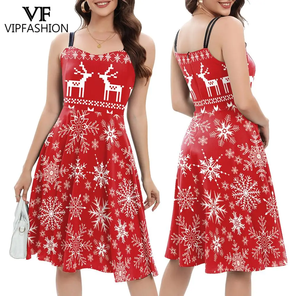 VIP FASHION Woman Snowflake Christmas Dress Sweetheart Neck Sphagetti Strp Dress New Year Dress Up Fancy Costume Xmas Clothes