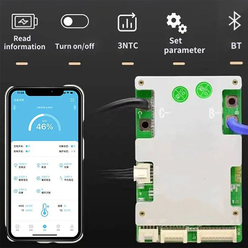 JIABAIDA Smart BMS 10S 12S 13S 14S 16S 17S LiFePo4 Li-ion kompatibel 20A-120A 100A saat ini pengisian JBD BMS BT UART keseimbangan