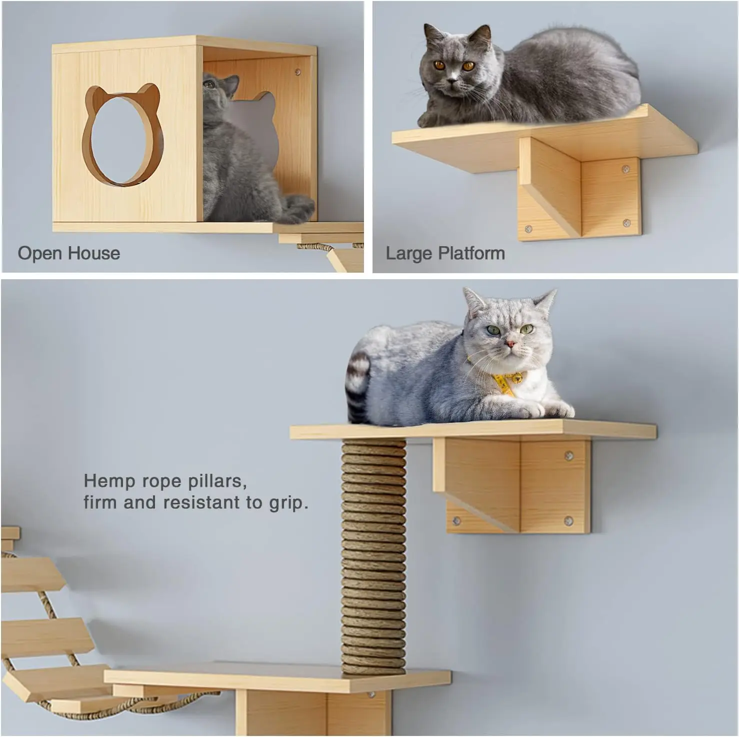 Cat Wall Furniture, Shelves, Floating Wood Climb Wall-Mounted Playing Climber, 2 Houses & 4 Shelves Ladders 1 Scratching Post