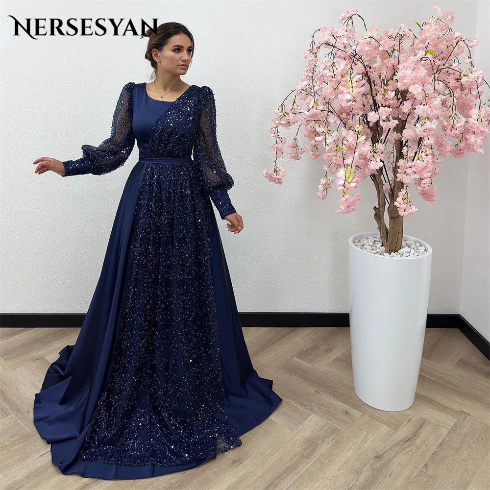 Nersesyan Glitter formelle Abendkleider A-Linie quadratischen Kragen Pailletten Laterne Ärmel Ballkleid funkelnde Pagenat Party kleider