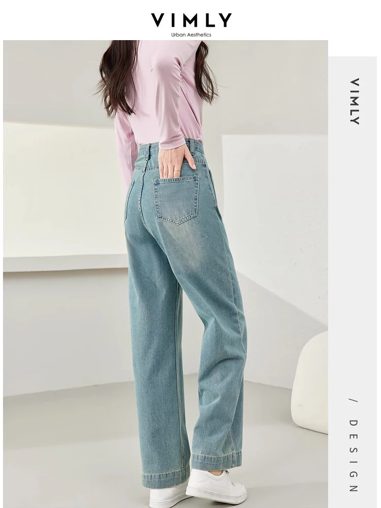 Vimly Cotton Washed Casual Wide leg Blue Jeans for Women 2024 Spring Straight Loose Full Length Solid Denim Pant Trousers 16390