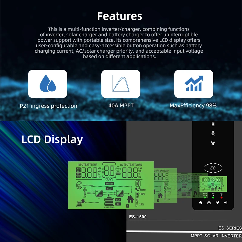 Anern 1.5KW 1KW Solar Inverters Built in 80A MPPT Solar Charger Off Grid Hybrid Inverter 24V 12V Pure Sine Wave