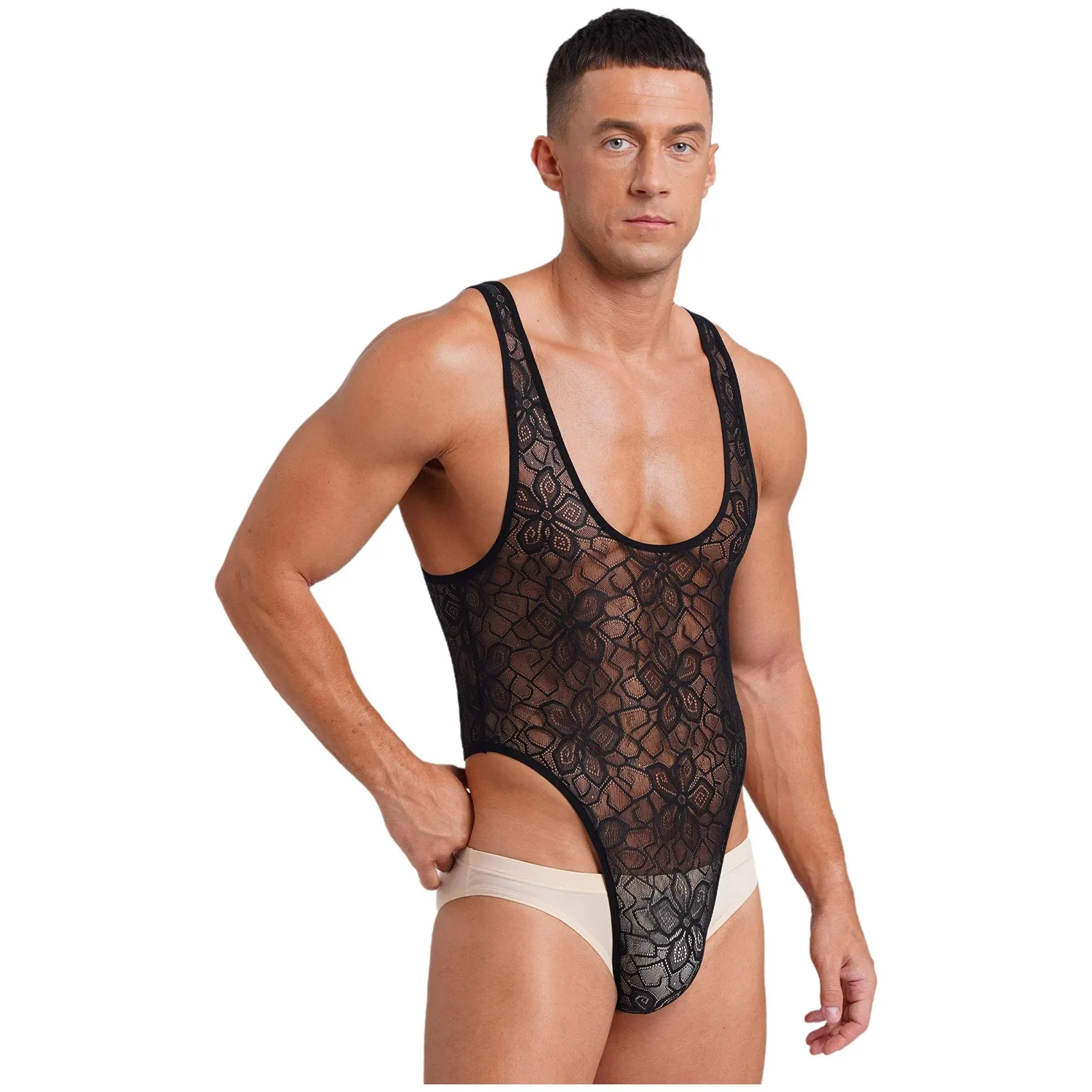 Medias Gay Sissy para hombre, lencería, Tops para el cuerpo, mono transparente con patrón de una pieza, cuello redondo profundo, ropa ajustada