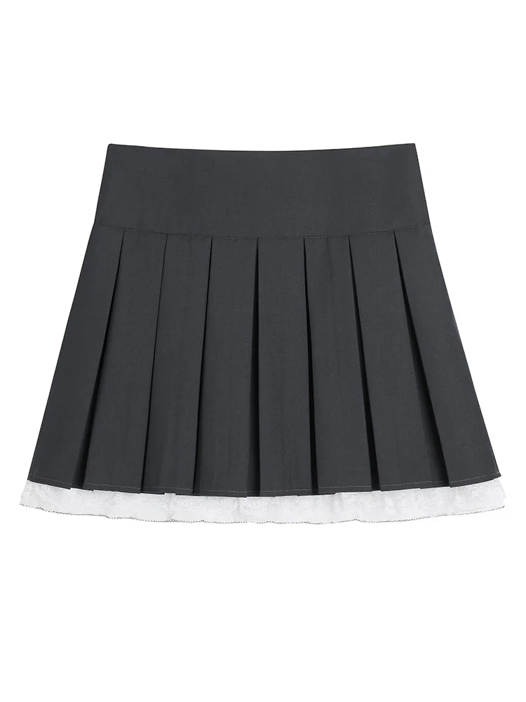 GIBSIE Plus Size Bows contrast lace pleated skirt Women's summer JK mini skirt Korean high waist zipper gray a-line skirt