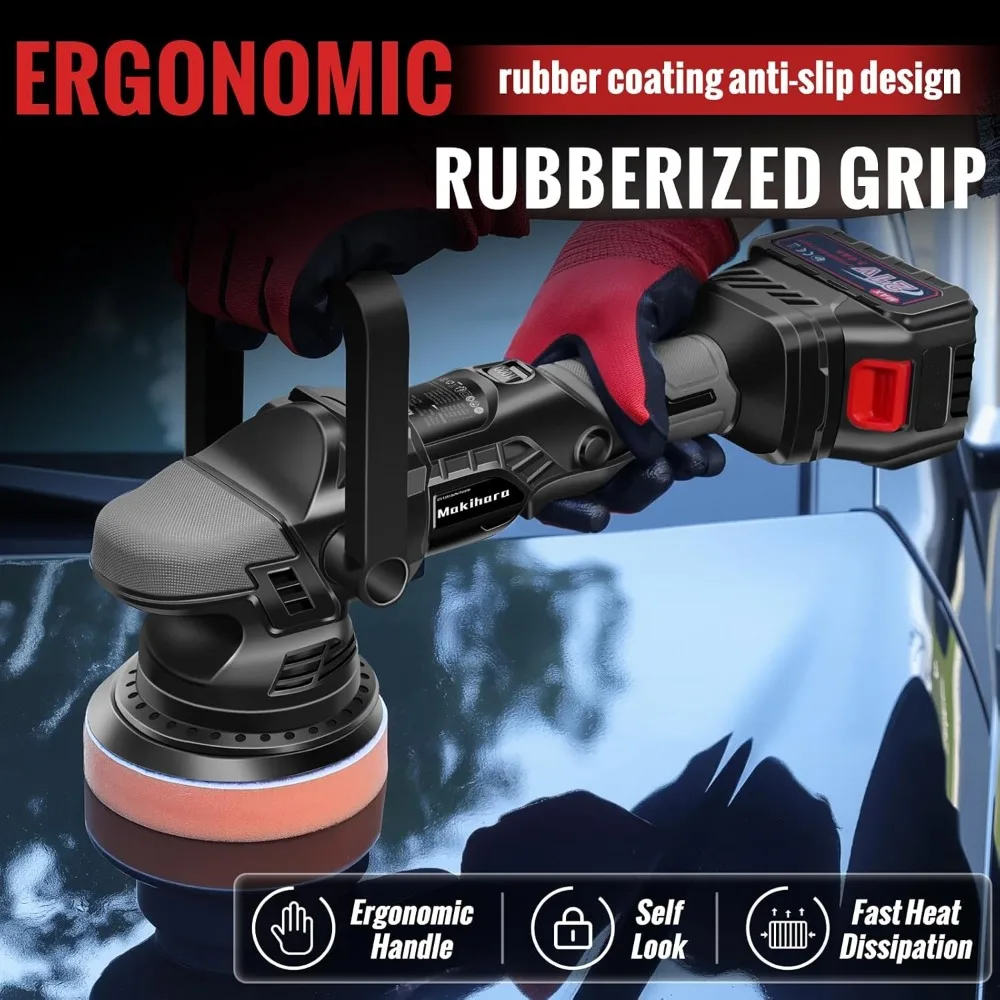 ملمع سيارة لاسلكي 5 بوصات، 6 سرعات 1000-5200 دورة في الدقيقة، بطارية 21 فولت مع 28 مرفقًا للتفصيل والصنفرة #6