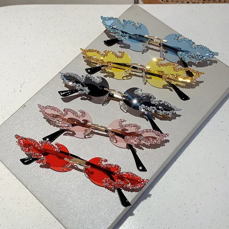 

Fashion Rimless Fire Design Shades Women Candy Color Decor Party Sunglasses UV400 Rimless Crystal Metal Shades