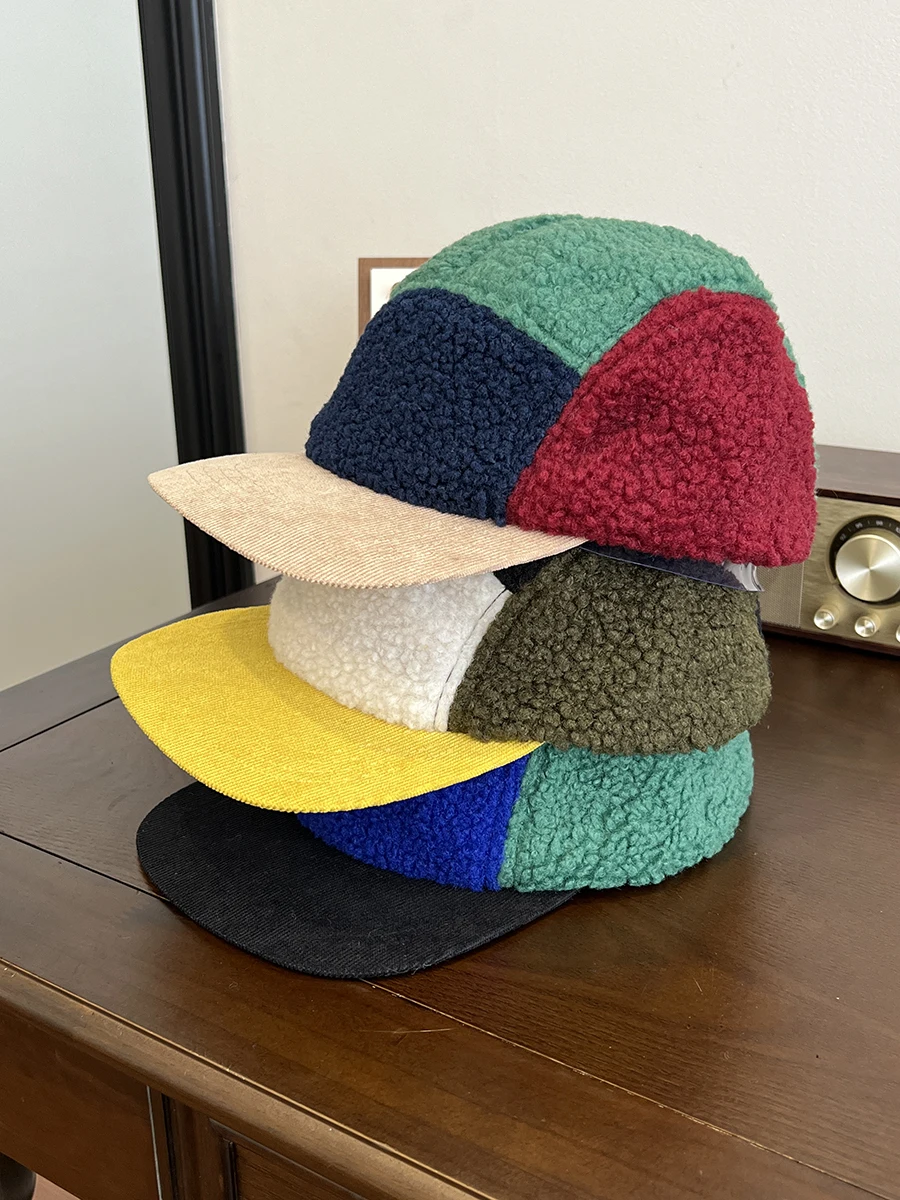 lamb wool flat brim cap men's and women's autumn and winter warm five-piece hat street trendy brand hip-hop baseball cap