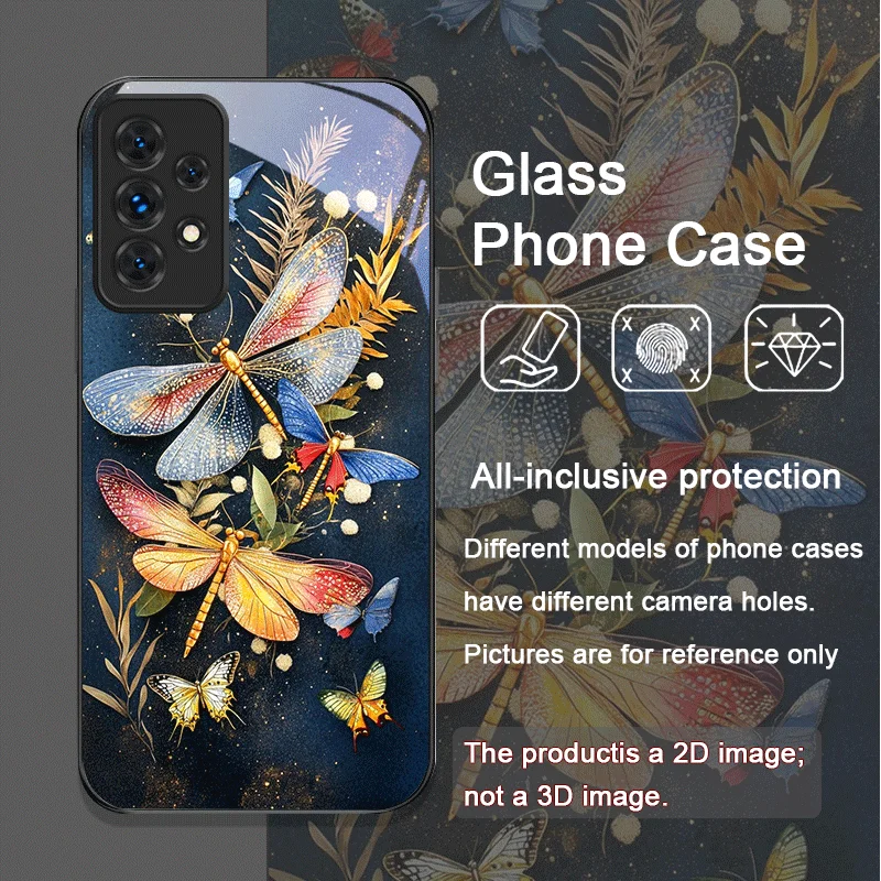 Funda de teléfono de cristal templado con libélula dorada y flor para Samsung Galaxy A06 A17 A55 A54 A53 A52 A36 A14 A31 5G, funda con patrón Floral