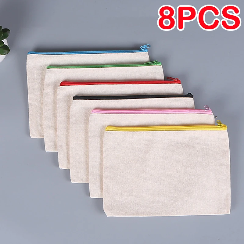 

1-8PCS Canvas Zipper Bags Multifunctional Blank DIY Craft Pouches Pencil Bags Case Pouch for Home School Travel Storage Bags