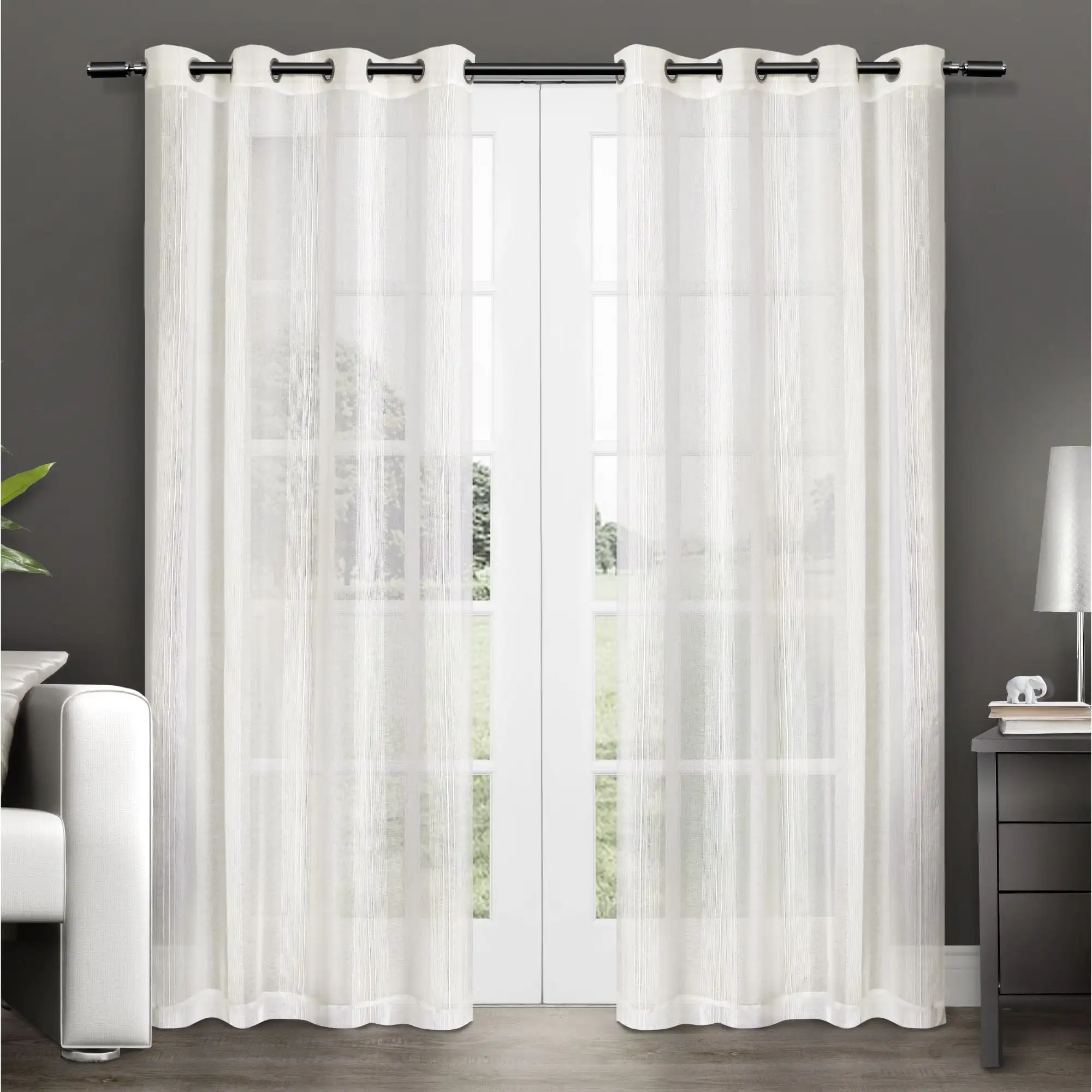 

Penny Sheer Embellished Stripe Grommet Top Curtain Panel Pair, 50X108, Off White