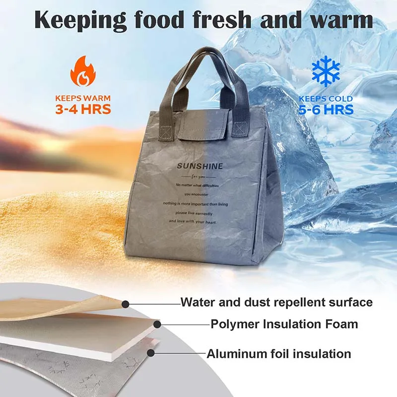 Dupont Kraft Paper Lunch Bag Insulated Reusable Pleated Tote Eco-Friendly Washable Waterproof Thermal Cooler for Work Picnic