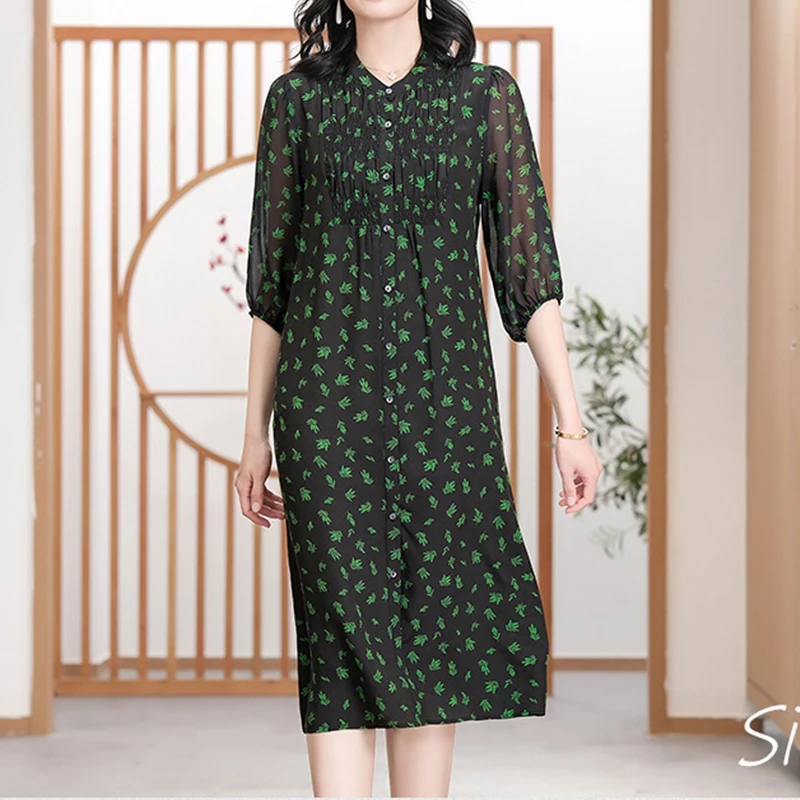 BirdTree 100%Real Silk Plus Size Dresses Women,Stand Neck Half Sleeves,Print Slim Elegant A-line Dress,2024 Spring New D42280QD