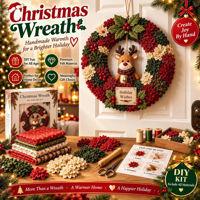 25cm DIY Christmas Flower Wreath Fabric Poke Wreath Kit Artificial Santa Home Door Wall Hanging Ornament Xmas Holiday Decor Gift