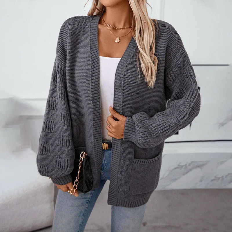 Casual Pocket Sweater with Relaxed Fit Long Sleeve V Neck Open Front Midi Length European and American Style Cardigan for Women