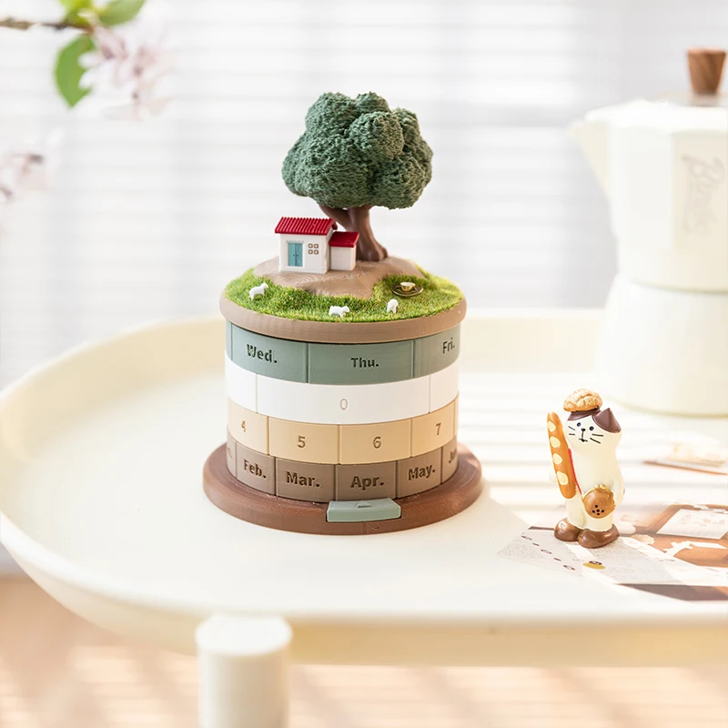 Cute Mini Desktop Organizer Rotatable Perpetual Calendar Ornament Cleaning Stick Storage Music Box Home Decor Birthday Gifts