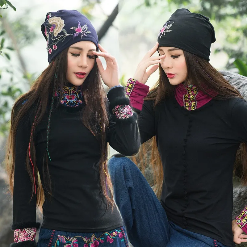 Cheshanf Cheap-clothes-china Women Autumn Winter Mexican sSyle Vintage Hippie Black Blue Flowers Embroidery Hat Skullies Beanies