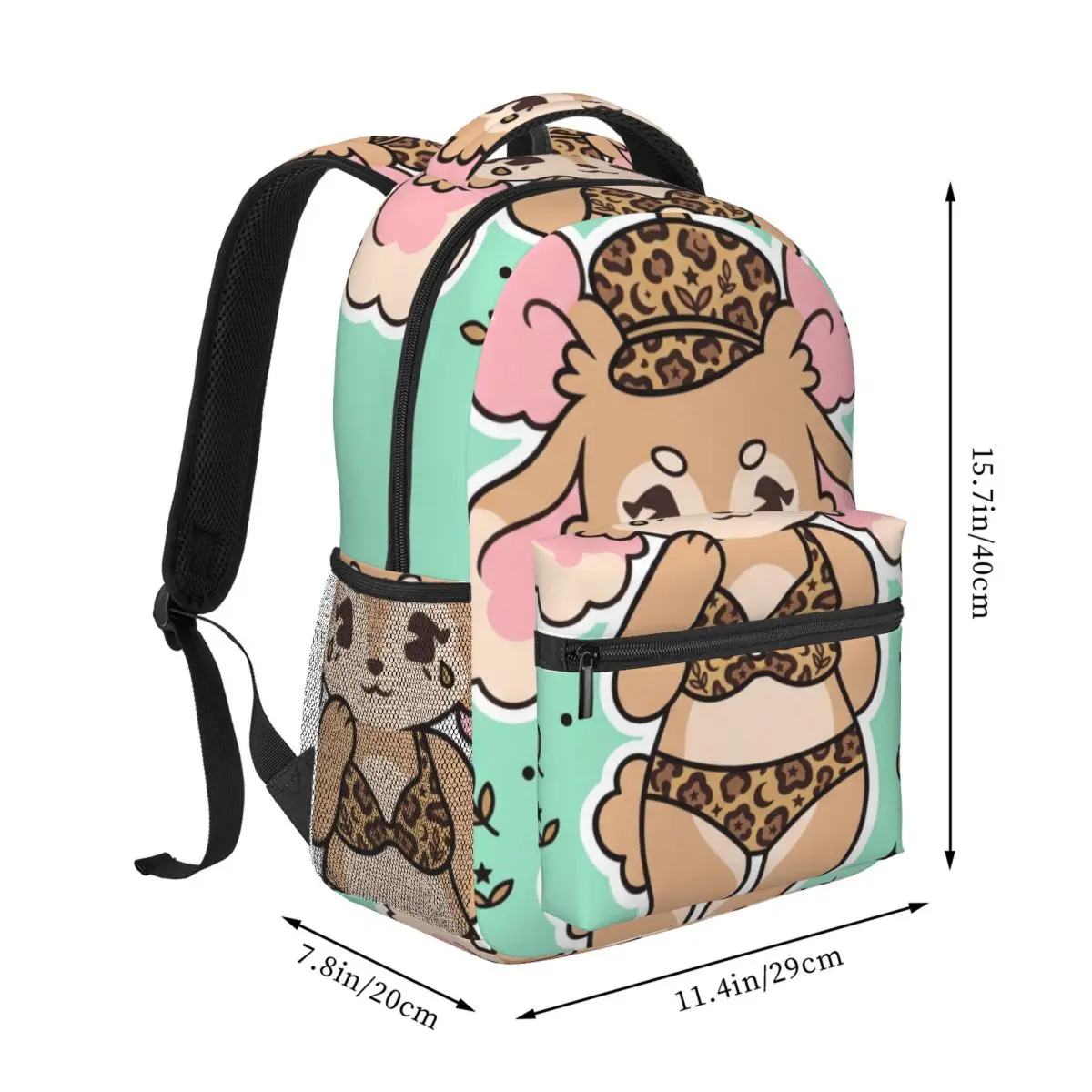 Soft Aesthetic Student Backpack Center Leopard Character Y2K Cute Mint Green Multi Color Comic Bookbag for Teens College Travel
