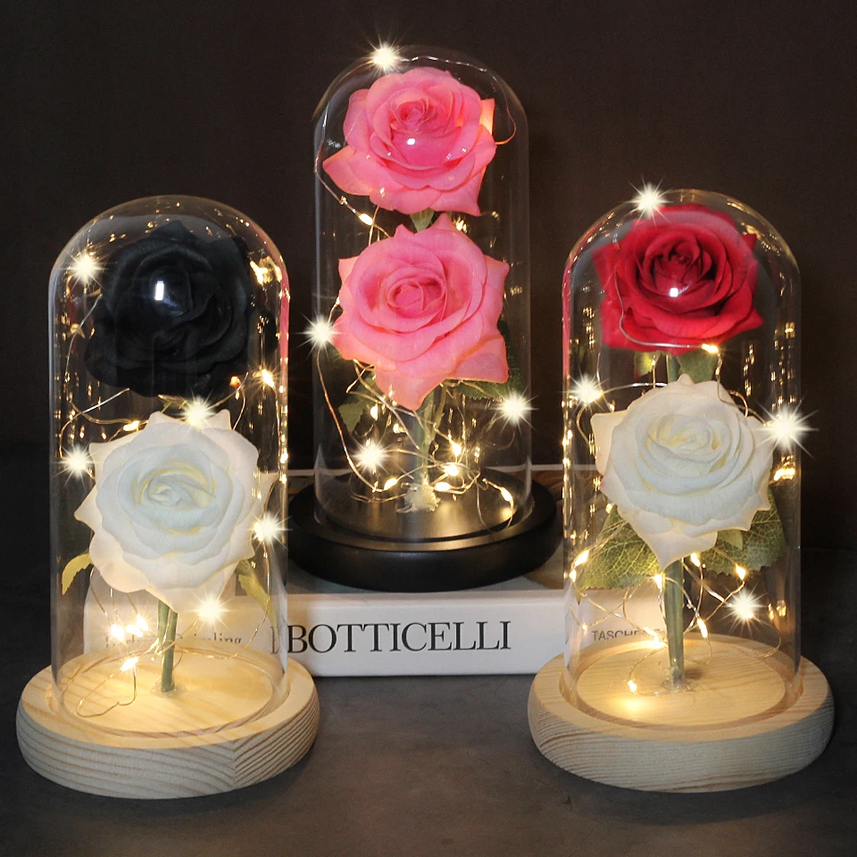 Two Roses Beauty And The Beast Red Rose In A Glass Dome On A Wooden Base Rose Lamp For Valentine's Day Christmas Gift Home Decor