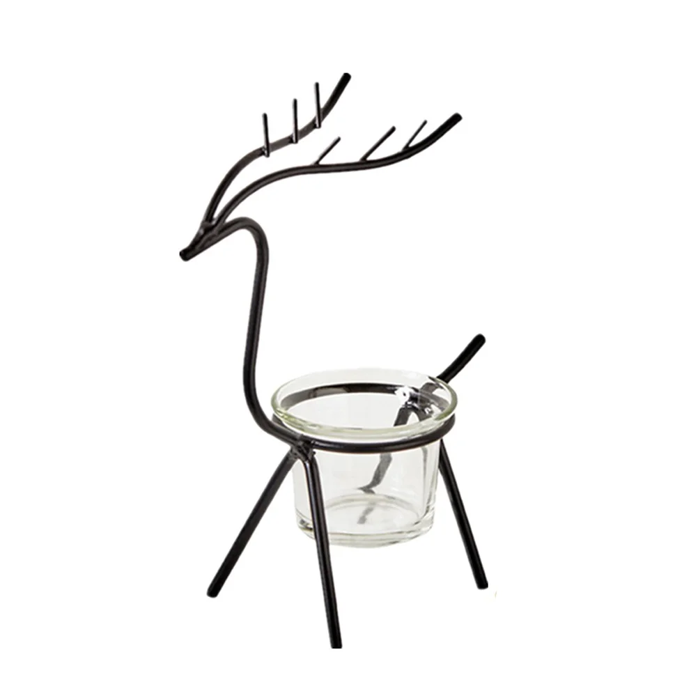 

2Pcs Iron Art Reindeer Tea Light Holder Elk Candlestick for Holiday Table Decoration Transparent Cup Black Gold