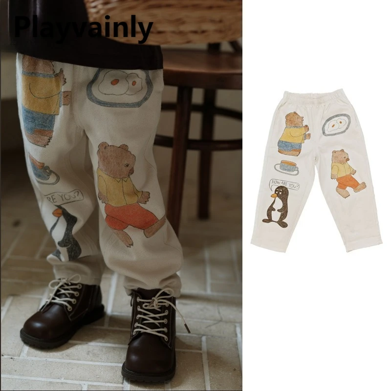 

New Autumn Winter Children's Pants Boys Girls Stylish Cartoon Printed Casual Straight Leg Pants Daily Versatile Trousers A5143