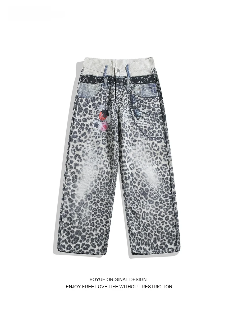 

BOYUE American Sle Double Waist Head 3D Printed Leopard Pattern Jeans Heavy Work Wide Leg Men's Casual Cotton Polyester Blend
