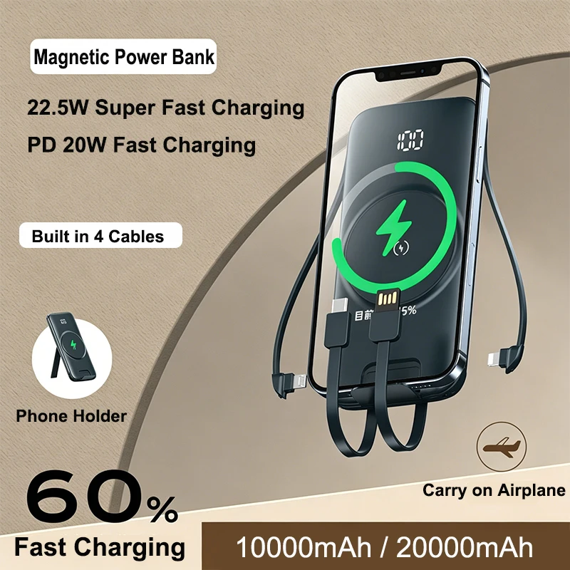 

15W Magnetic Wireless Charger Power Bank 20000mAh with Cable Stand 22.5W Fast Charger for iPhone Samsung Huawei Xiaomi Powerbank