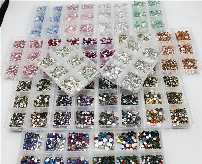 1200 sztuk Mix rozmiary szkło kryształowe nie naklejane kryształki zestaw Flatback 3D kryształ Nail art dżetów dekoracje do odzieży/paznokci