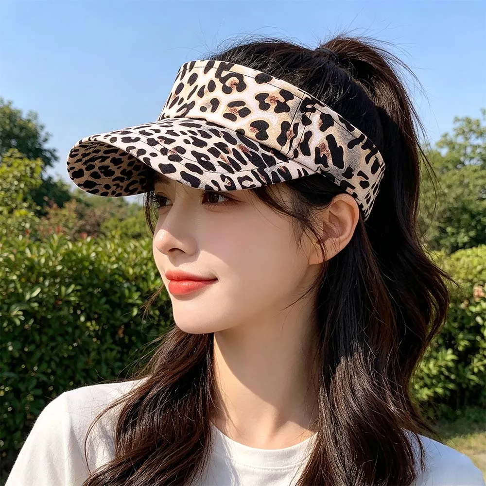 Cute Korean Style Leopard Print Sun Hat Empty Top Curved Brim Sun Protection Hat Peaked Cap Anti-UV Women Sunshade Hat Summer