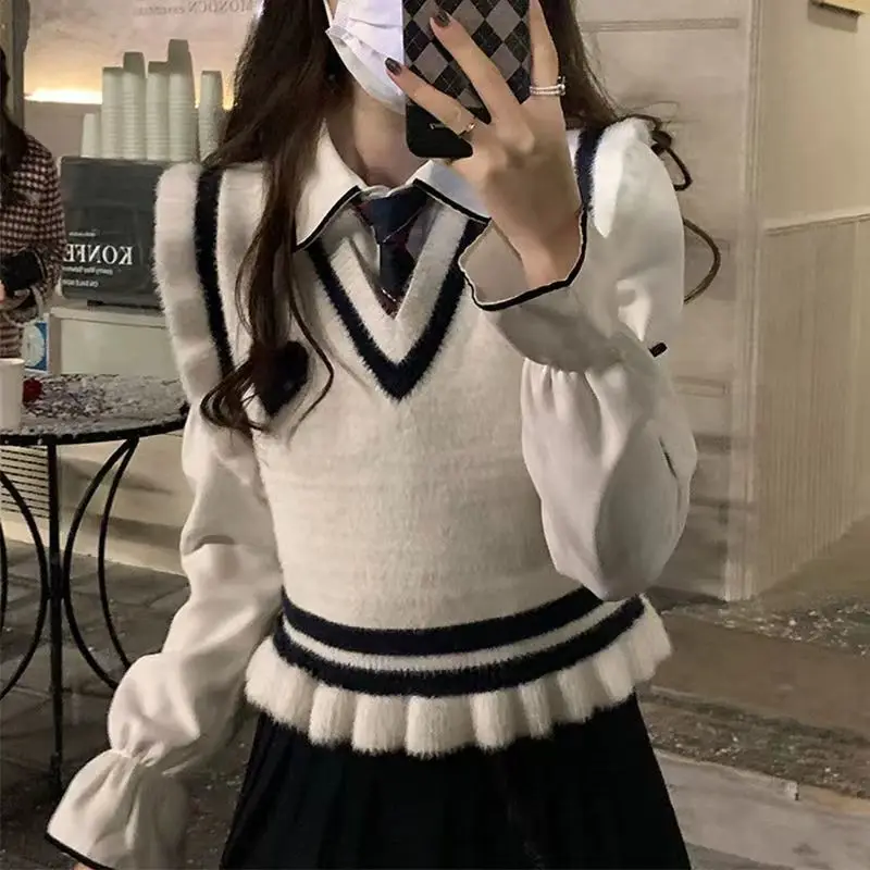 

Japan College Style Beautiful Girl Autumn And Winter Suit New Imitation Mink Knitted Vest And Elastic Pleated Skirt
