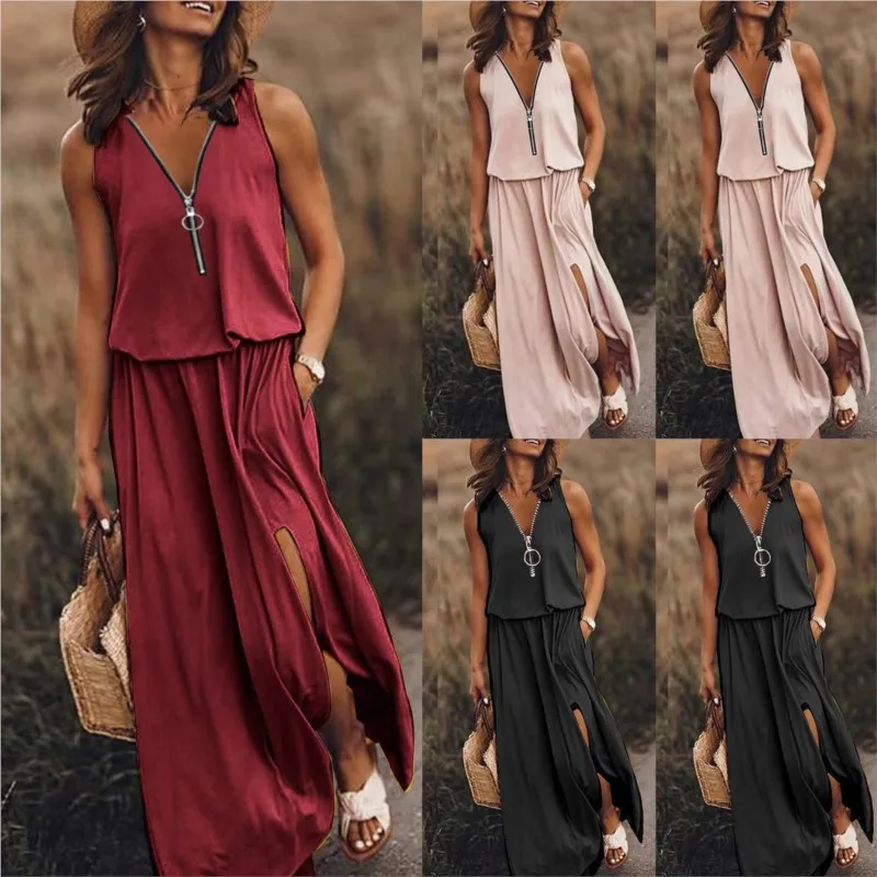 Kobiety Summer Holiday Solid Maxi Dress Zipper Up V Neck Sleeveless Pocket Front Split Boho Beach Midi Dresses Casual Robe Vestido