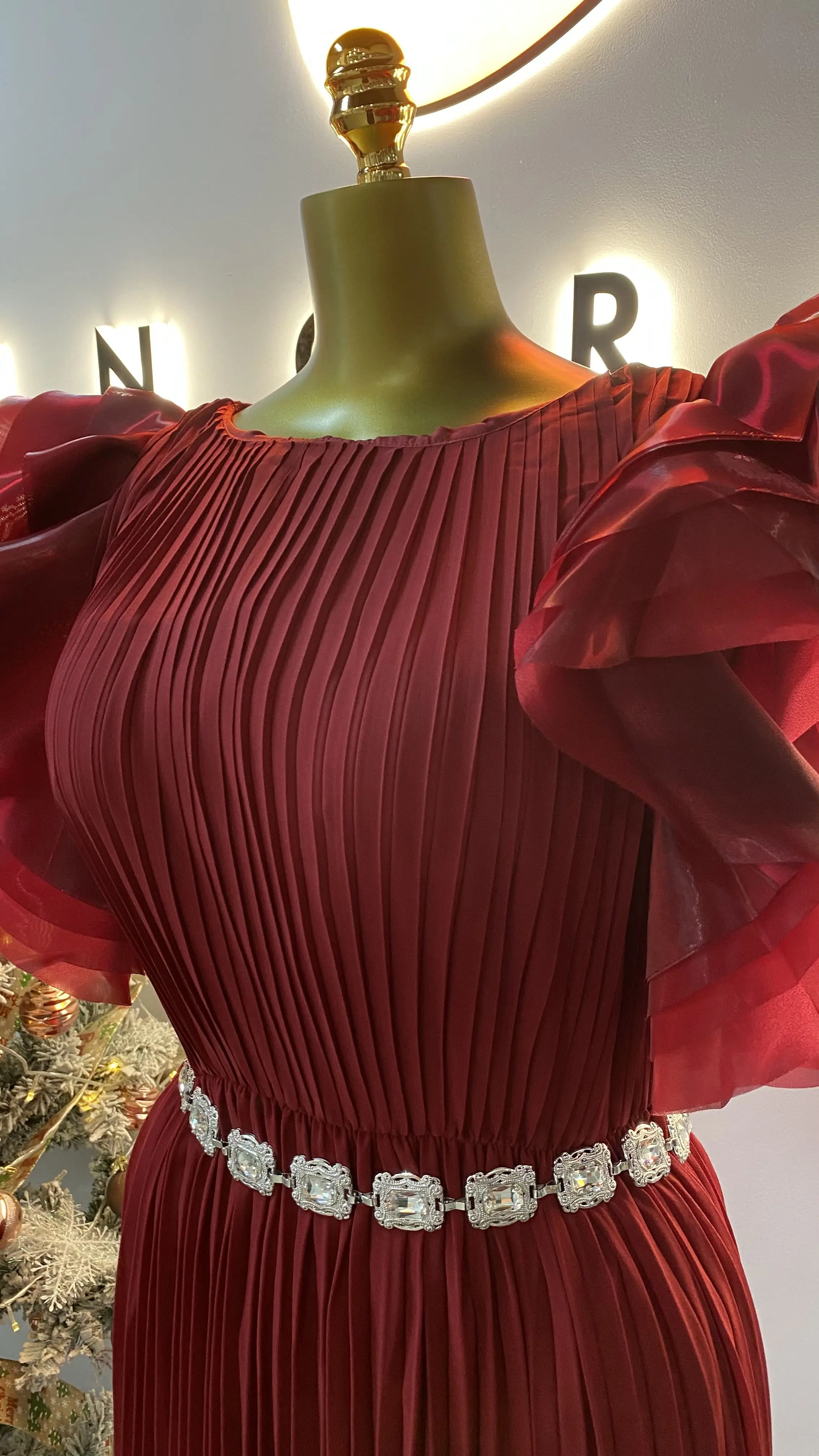 فستان نسائي أنيق برقبة دائرية من حجر الراين باللون العنابي مع طيات كبيرة-GZXX054 #4