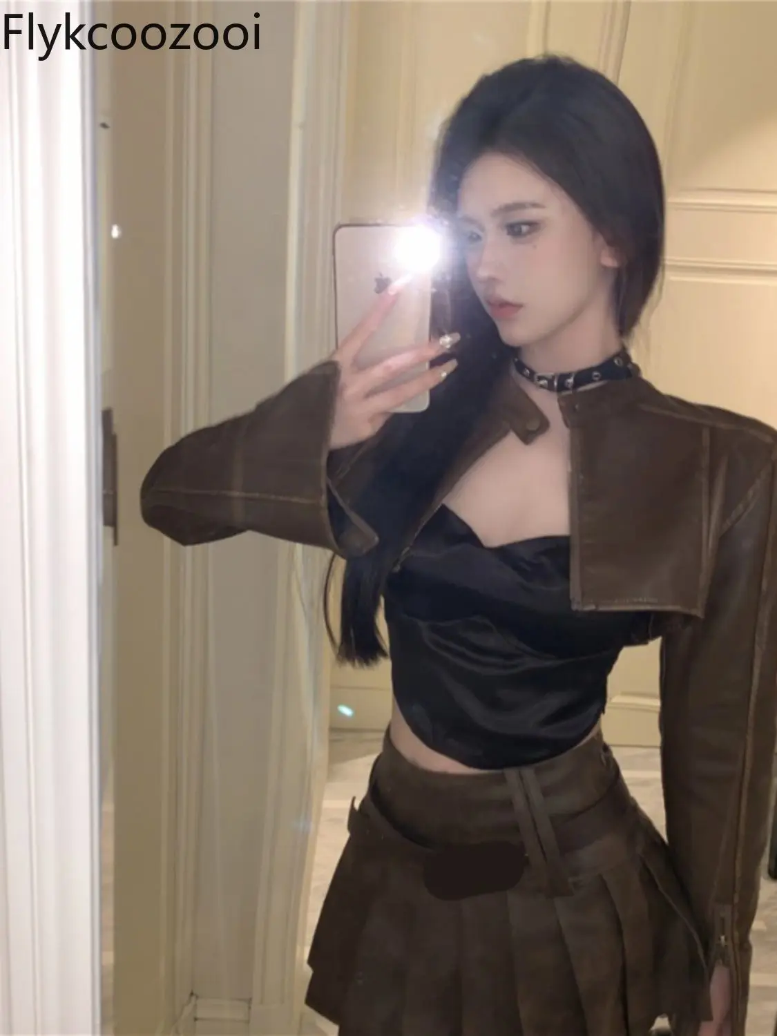 American Suit Female Early Autumn New Korean Version of Simple Motorcycle Leather Coat Female Pleated Skirt Two-piece Set