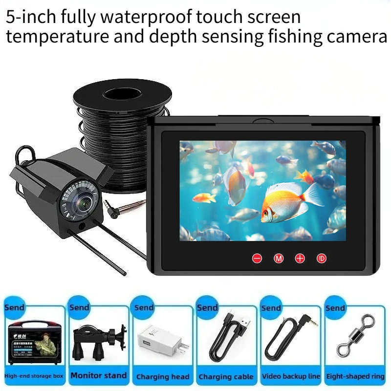 5-Inch Fully Waterproof Ultra-Clear Touch Visual Fish Finder Temperature and Depth Sensing Underwater Fishing Camera