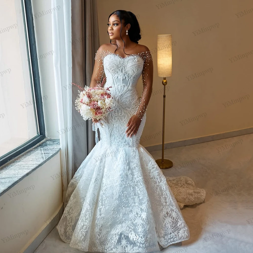 Applique Aso Ebi Wedding Dresses 2026 Pearls Full Sleeve Crystals Bride Gowns For African Women Mermaid Button Back Customized