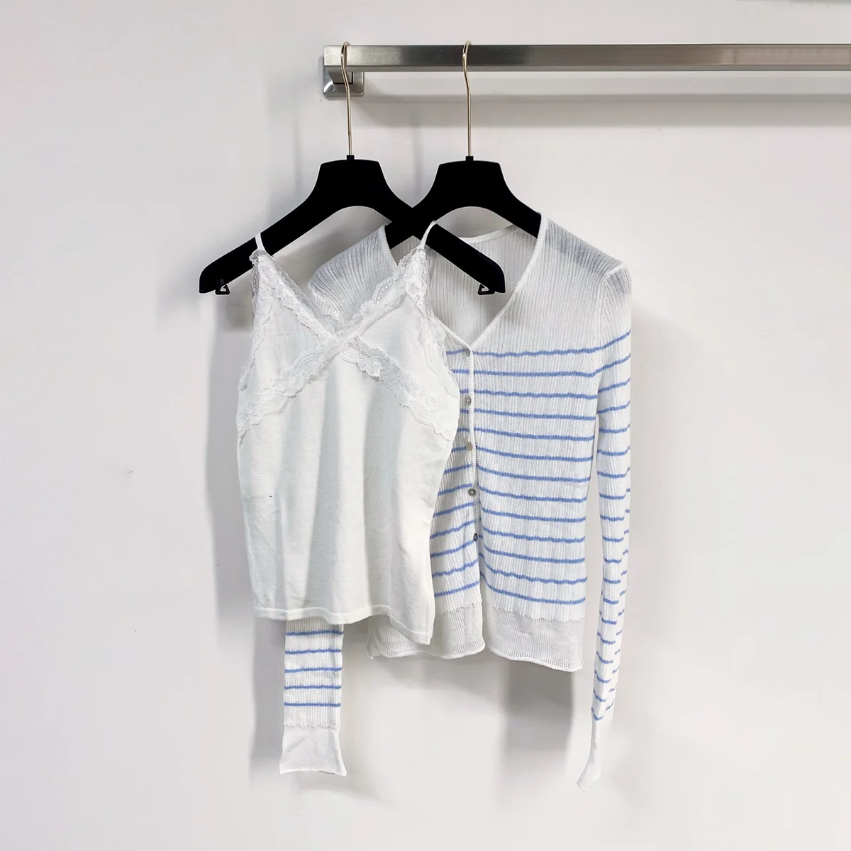 2026 High Quality Women's Striped V-neck Knitted Cardigan Lace Strap Two Piece Set--26919169