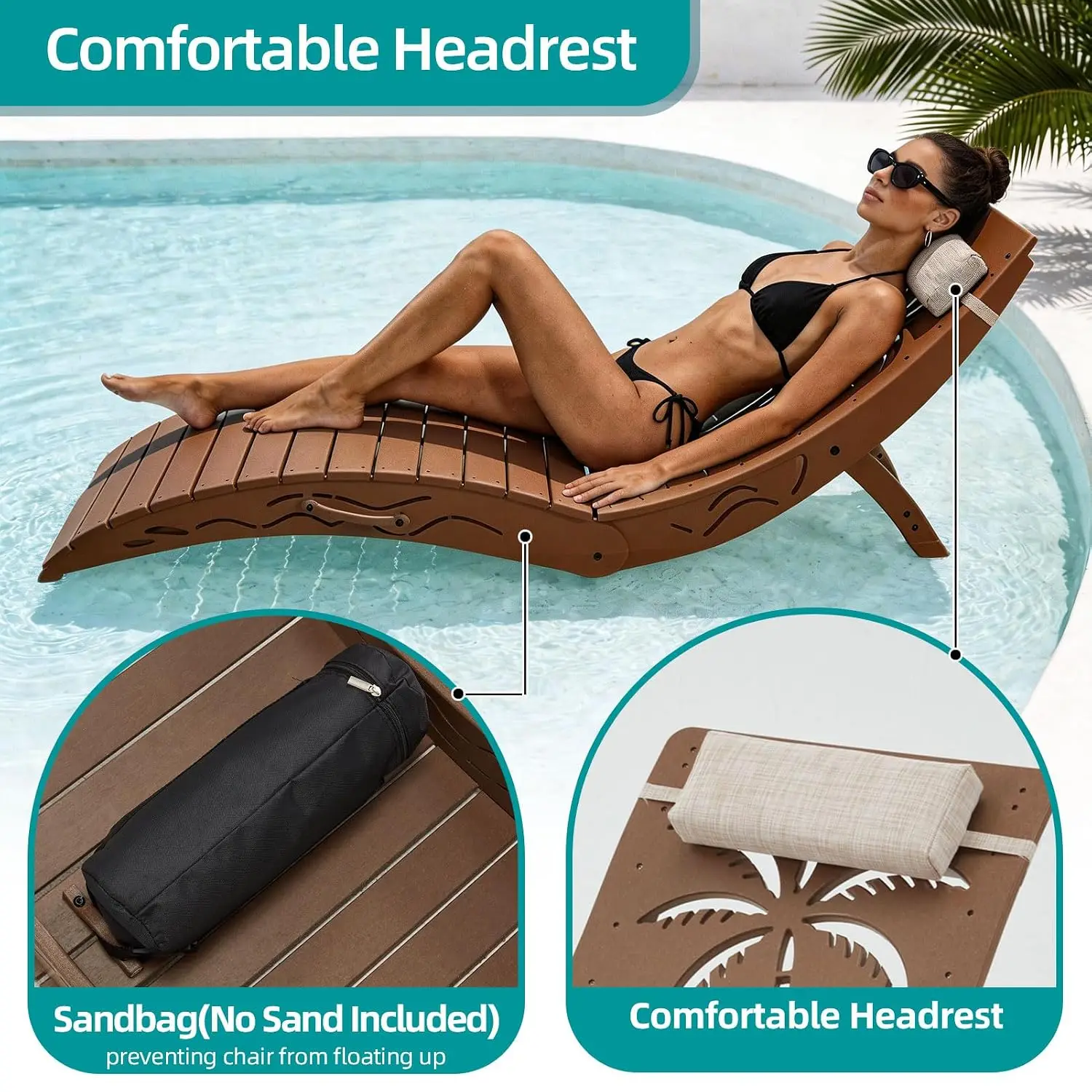 HDPE Folding Pool Lounge Chair 2-Pack, Fade Resistant Chaise, Lightweight Ledge Lounger,  Teak, Customized