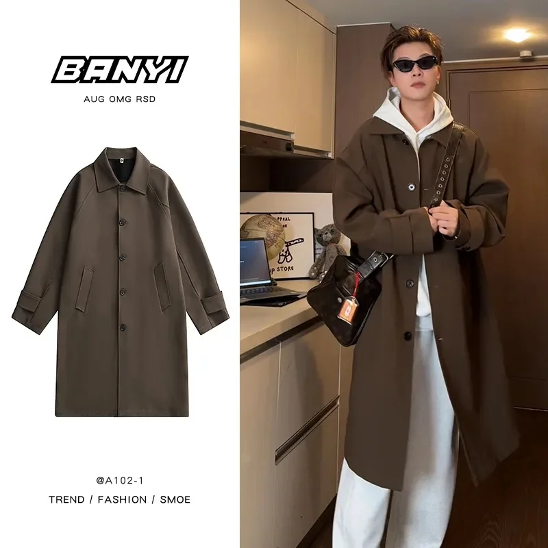 Coffee Colored Trench Coat Long Over the Knee Single Breasted Jacket Spring Autumn Korean Version Trendy Mid Long Couple Coat KR
