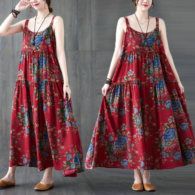 Lâche coton lin longue Dr femmes Midi Vintage Anti-âge imprimé fleuri sangle Dr confortable a-ligne jupe été Dr