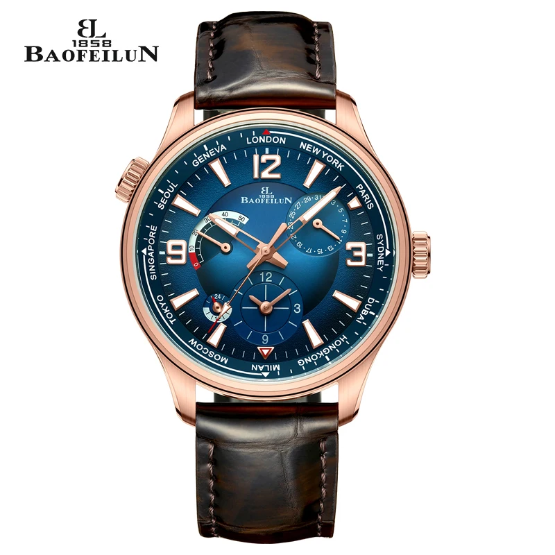 

BAOFEILUN Men's Automatic Watch Dual Time 43mm Date Luminous Multi-function dial Water Resistant Leather Strap Classic Business