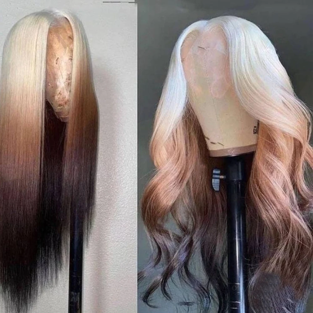 Wig sintetis pirang ke hitam lurus menutupi renda Wig depan untuk wanita dengan rambut bayi Wig rambut serat tahan panas pakaian sehari-hari