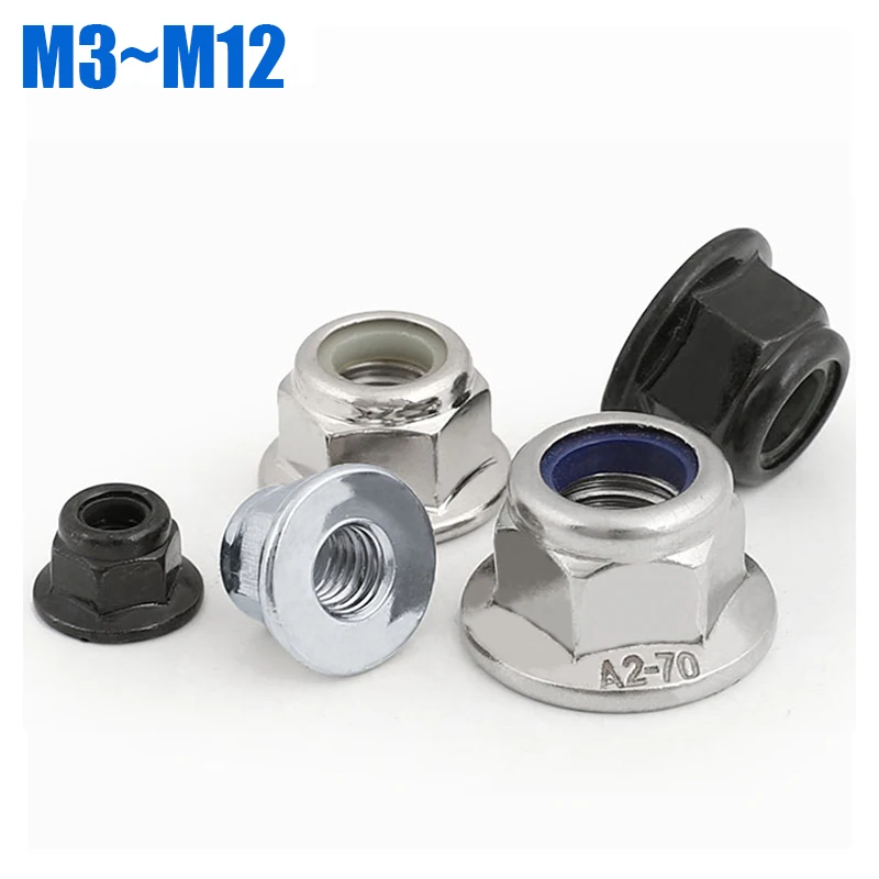 1~10pcs M3 M4 M5 M6 M8 M10 M12 Stainless Steel/ Carbon Steel/ Nylon Flange Lock Nuts Nylon Anti Loosening Nut