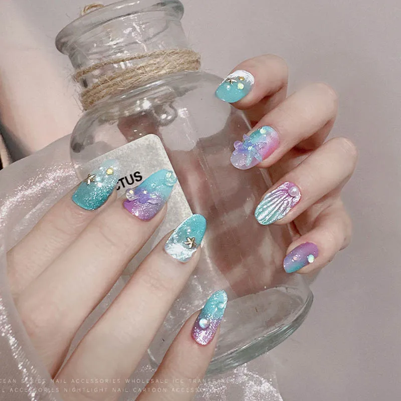 30pcs Sparkling Dreamy Resin Shell Conch Nail Charms Double Color Splicing Starfish Ocean Organism Nail Art Decoration DIY Nails