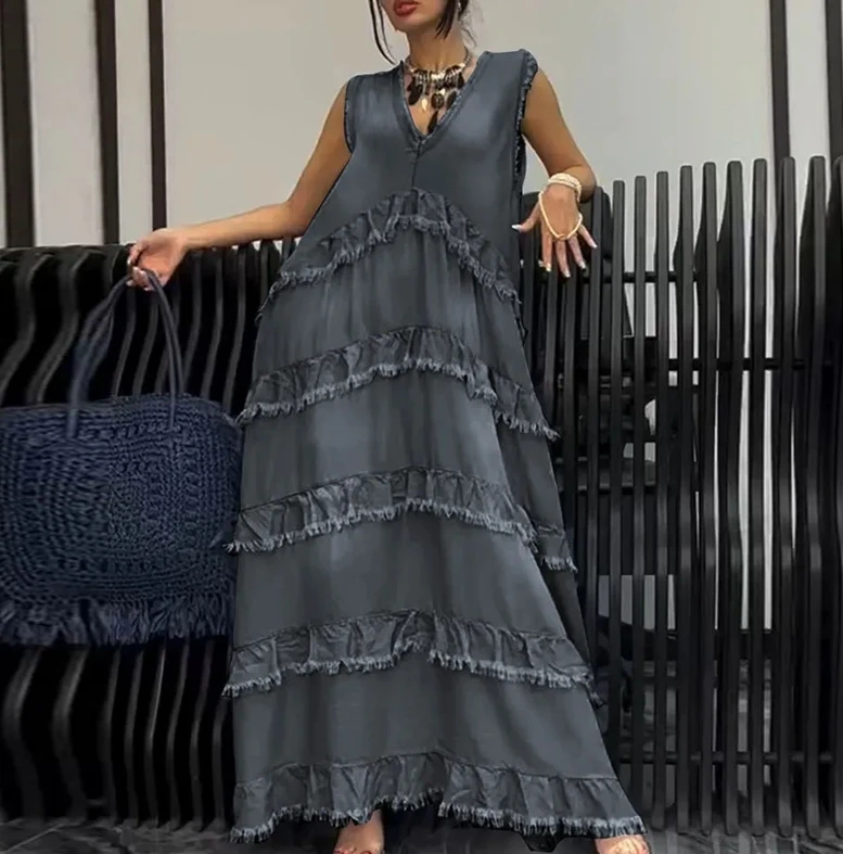 

Fashion Summer Dresses Solid Color V-Neck Fashionable Brushed Edge Patchwork Denim Dress Elegant Dresses for Women