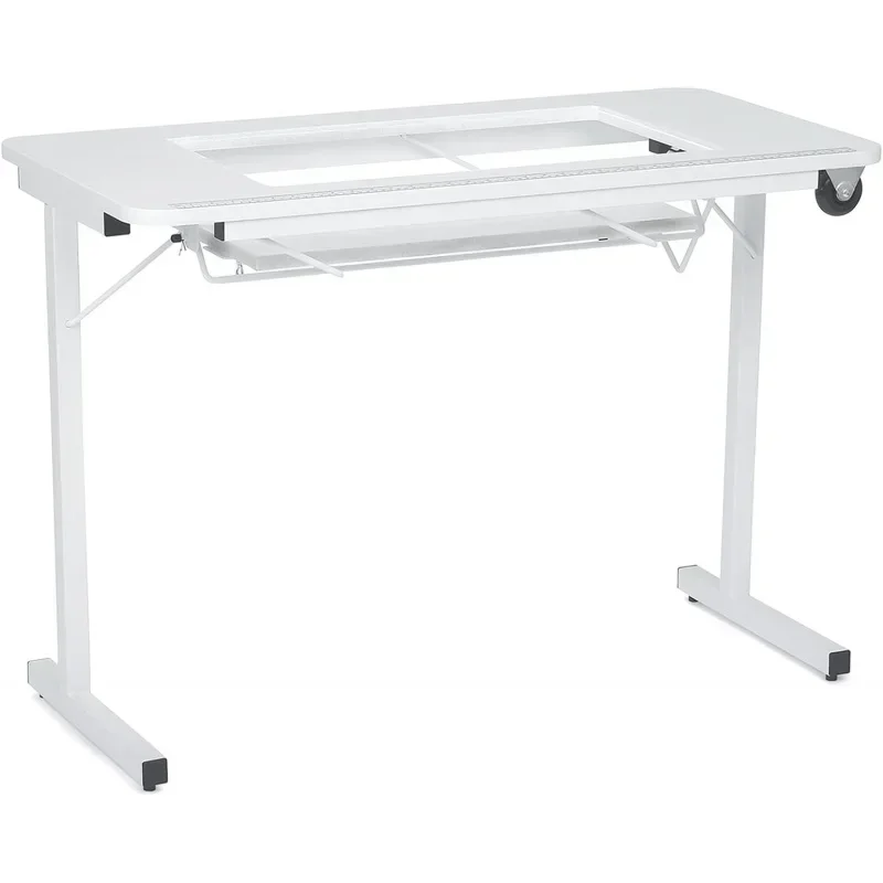 Folding Sewing, Cutting, Quilting, and Craft Table, Portable with Wheels and Lift, White Finish