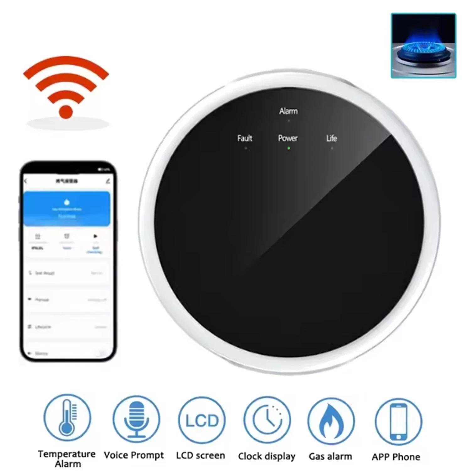 Intelligent Wifi Natural Gas Leakage Detector APP Control Digital LED Combustible Gas-Alarm Detector High Sensitivity EU Plug